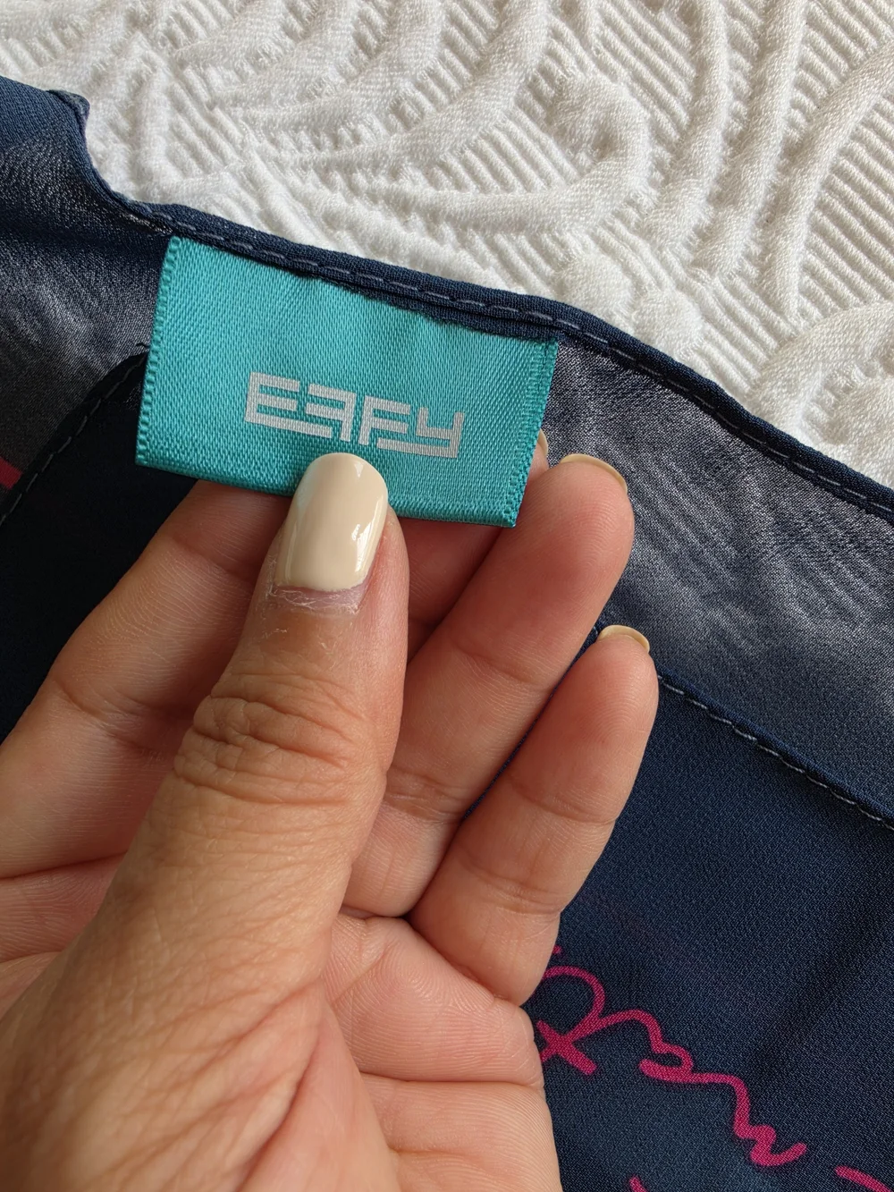 Effy Navy Blue Scarf with Pink Trim and White Motif